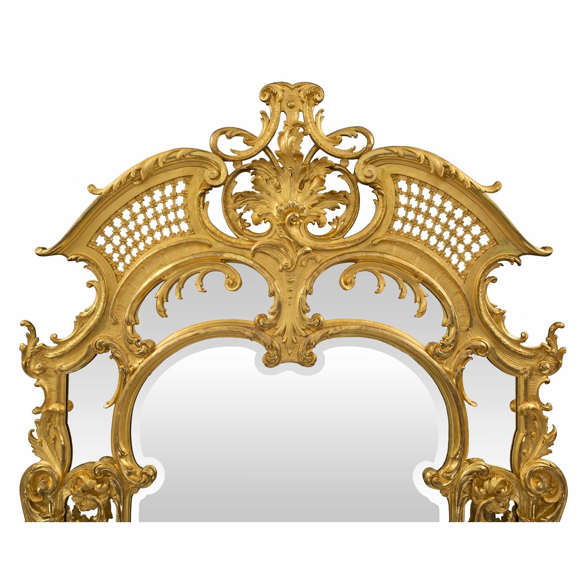 Pair of French 19th Century Louis XV Style Giltwood Mirrors and Consoles 9