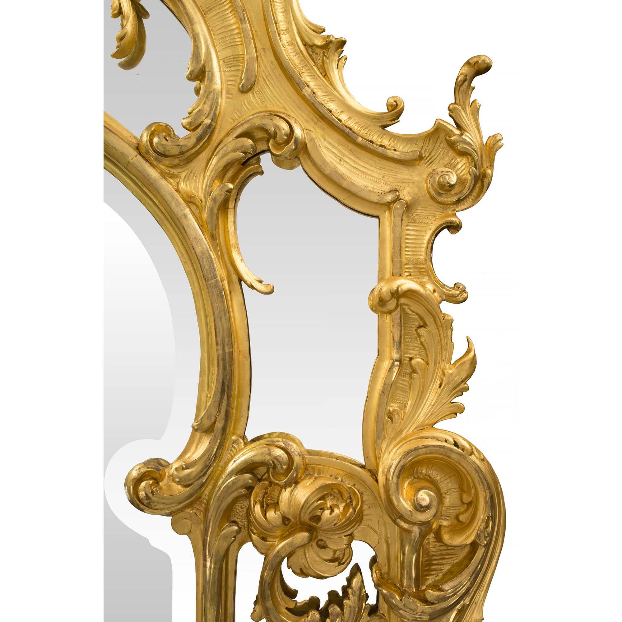 Pair of French 19th Century Louis XV Style Giltwood Mirrors and Consoles 12