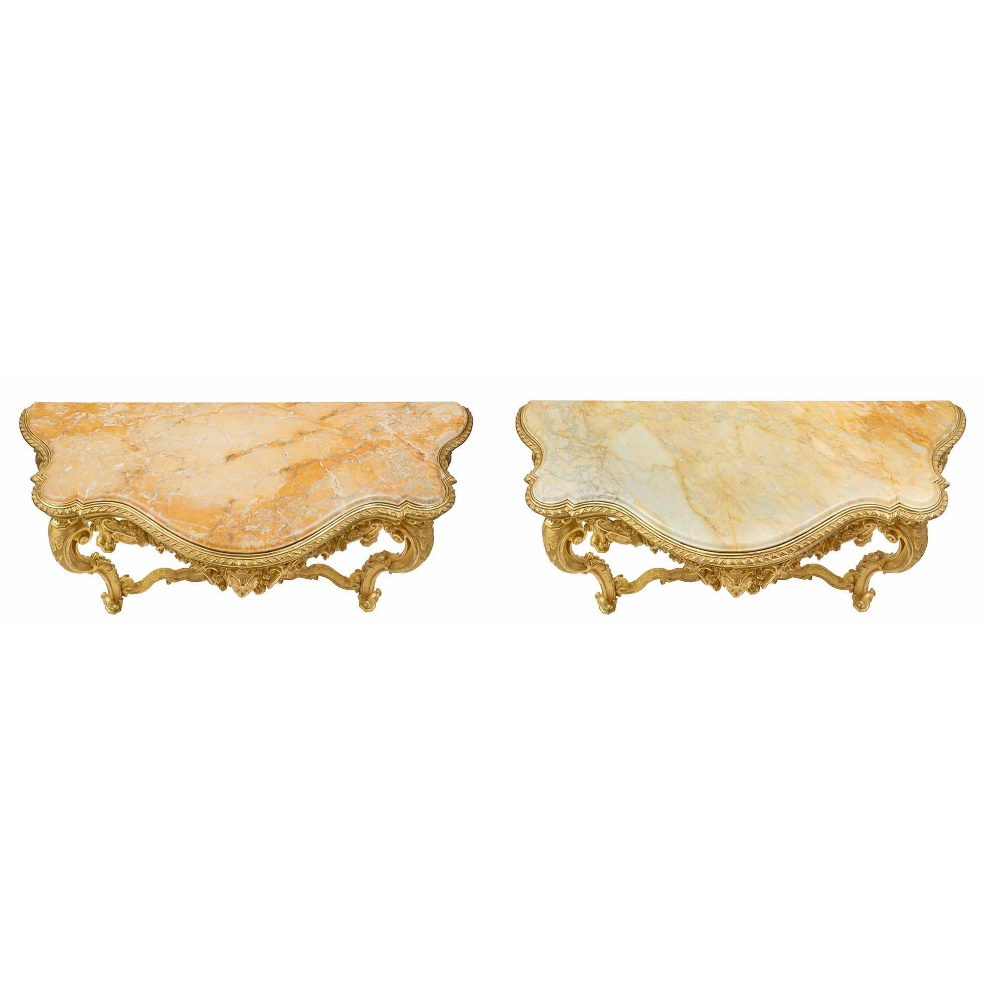 Pair of French 19th Century Louis XV Style Giltwood Mirrors and Consoles In Good Condition In West Palm Beach, FL