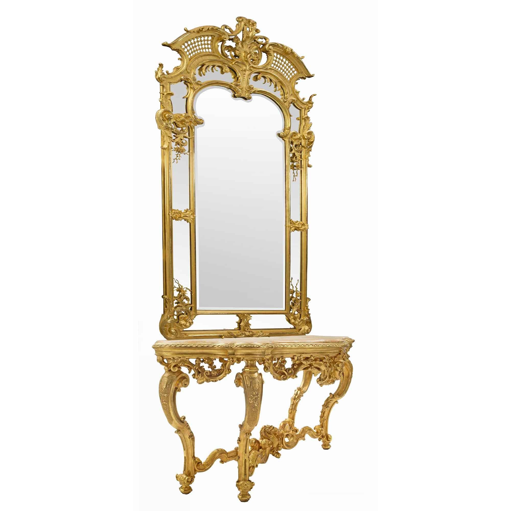 Pair of French 19th Century Louis XV Style Giltwood Mirrors and Consoles 2