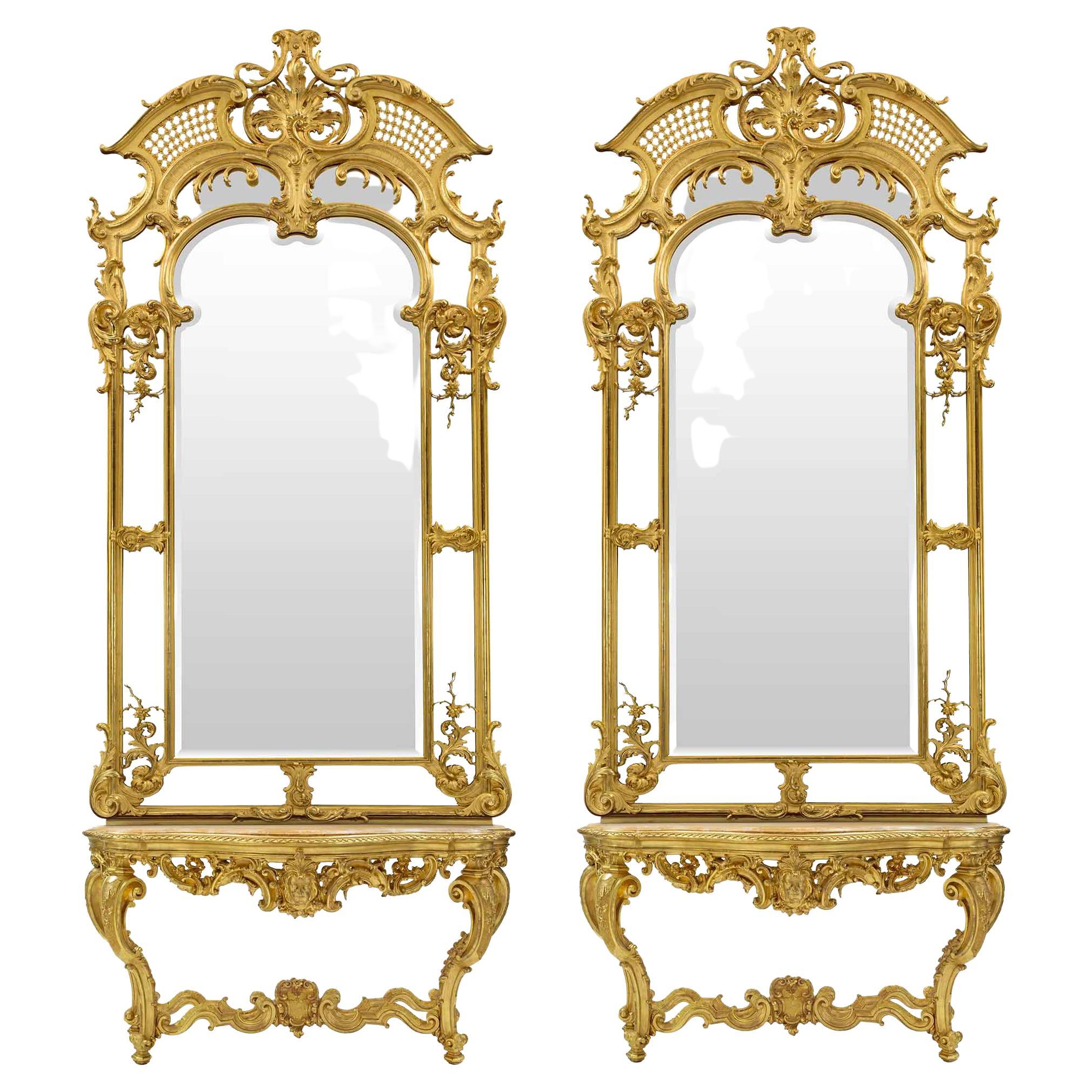 Pair of French 19th Century Louis XV Style Giltwood Mirrors and Consoles