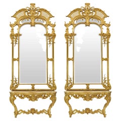 Pair of French 19th Century Louis XV Style Giltwood Mirrors and Consoles