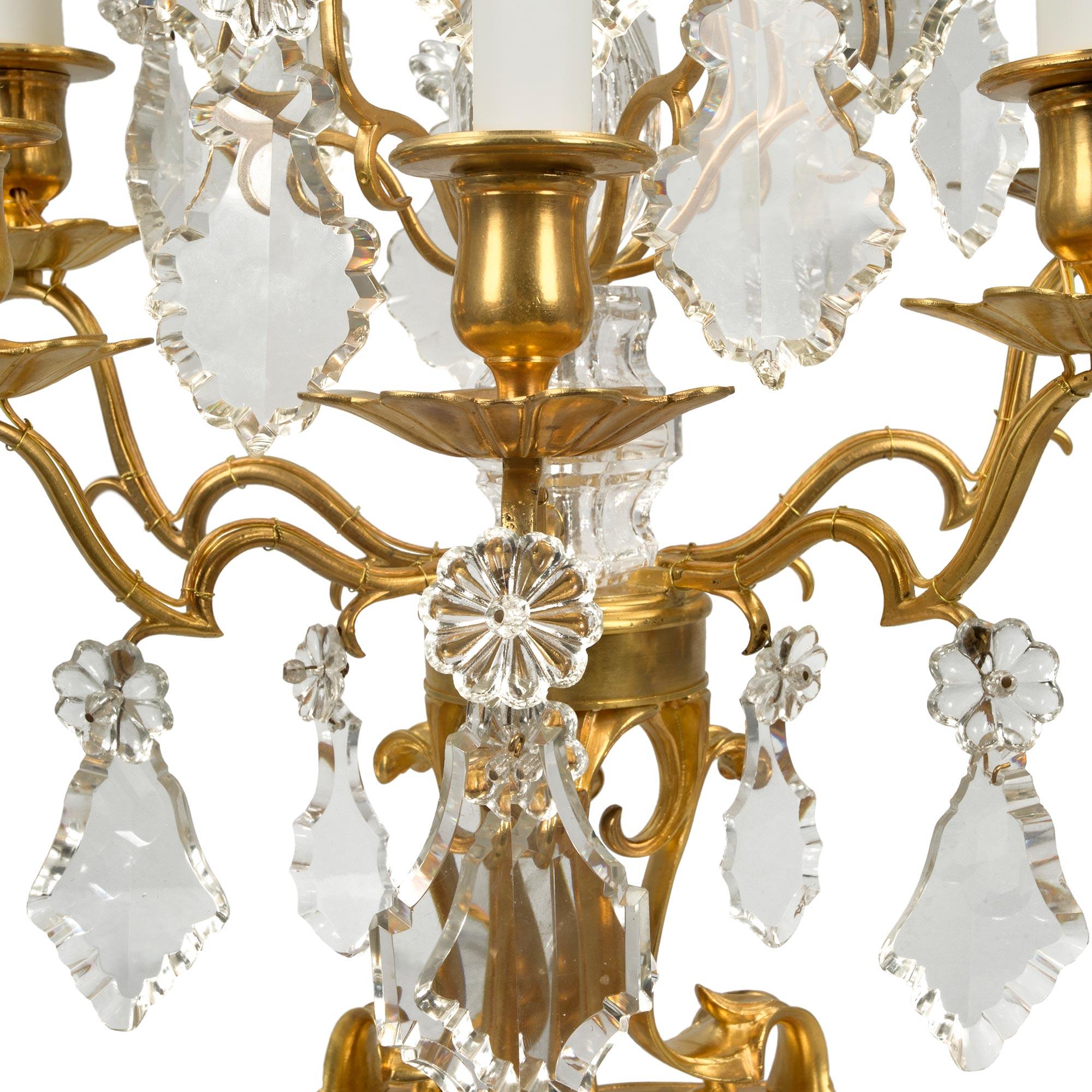 Pair of French 19th Century Louis XV Style Ormolu and Baccarat Girandoles For Sale 1