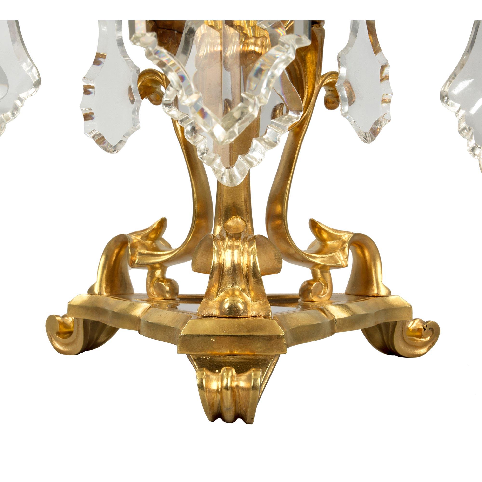 Pair of French 19th Century Louis XV Style Ormolu and Baccarat Girandoles For Sale 2