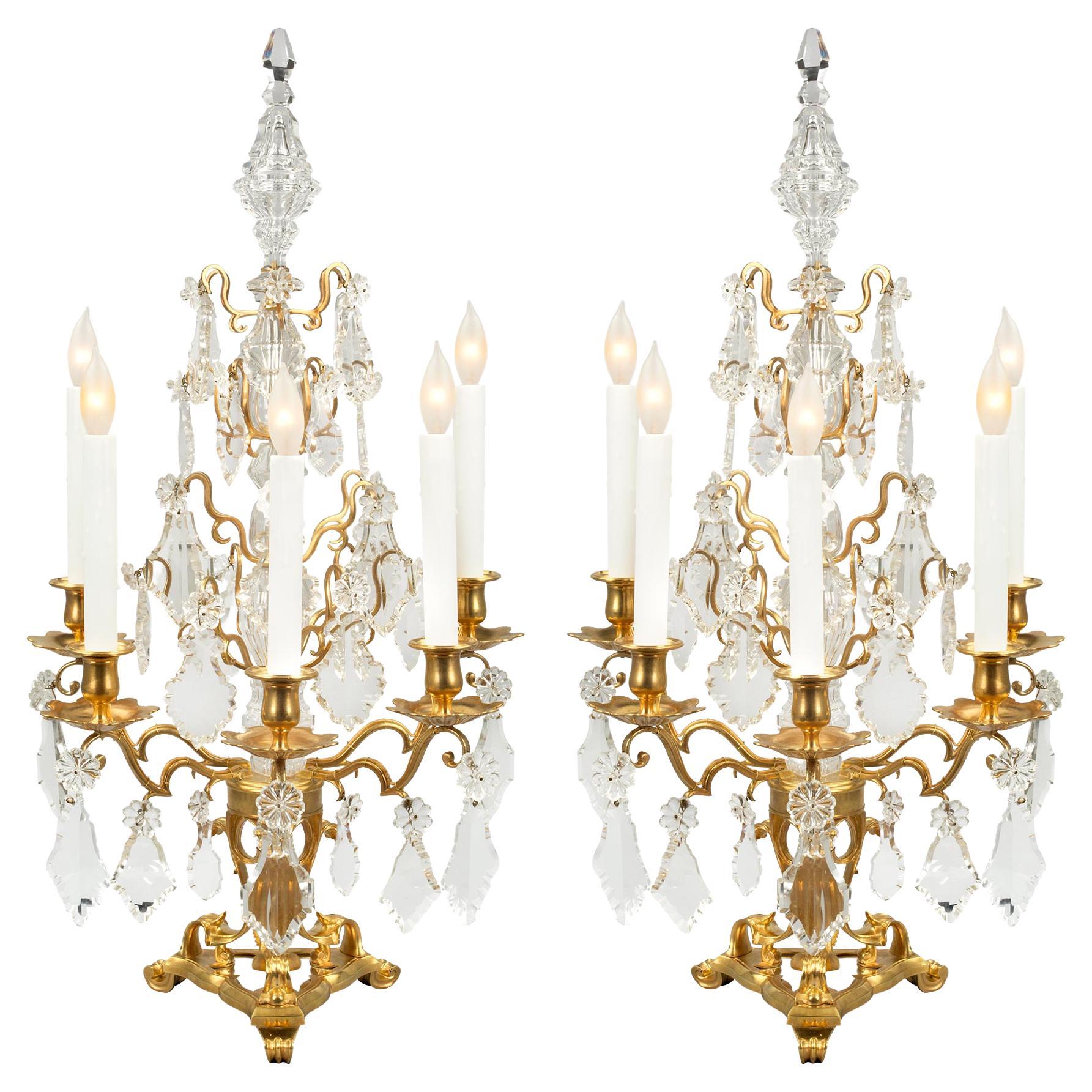 Pair of French 19th Century Louis XV Style Ormolu and Baccarat Girandoles For Sale