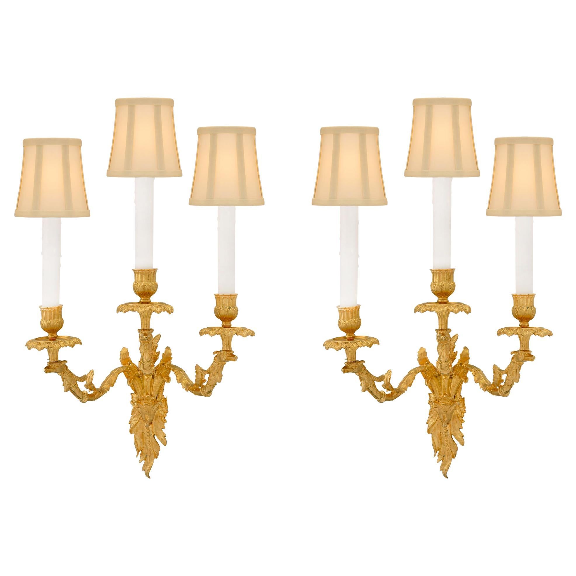 Pair of French 19th Century Louis XV Style Ormolu Three-Arm Sconces For Sale