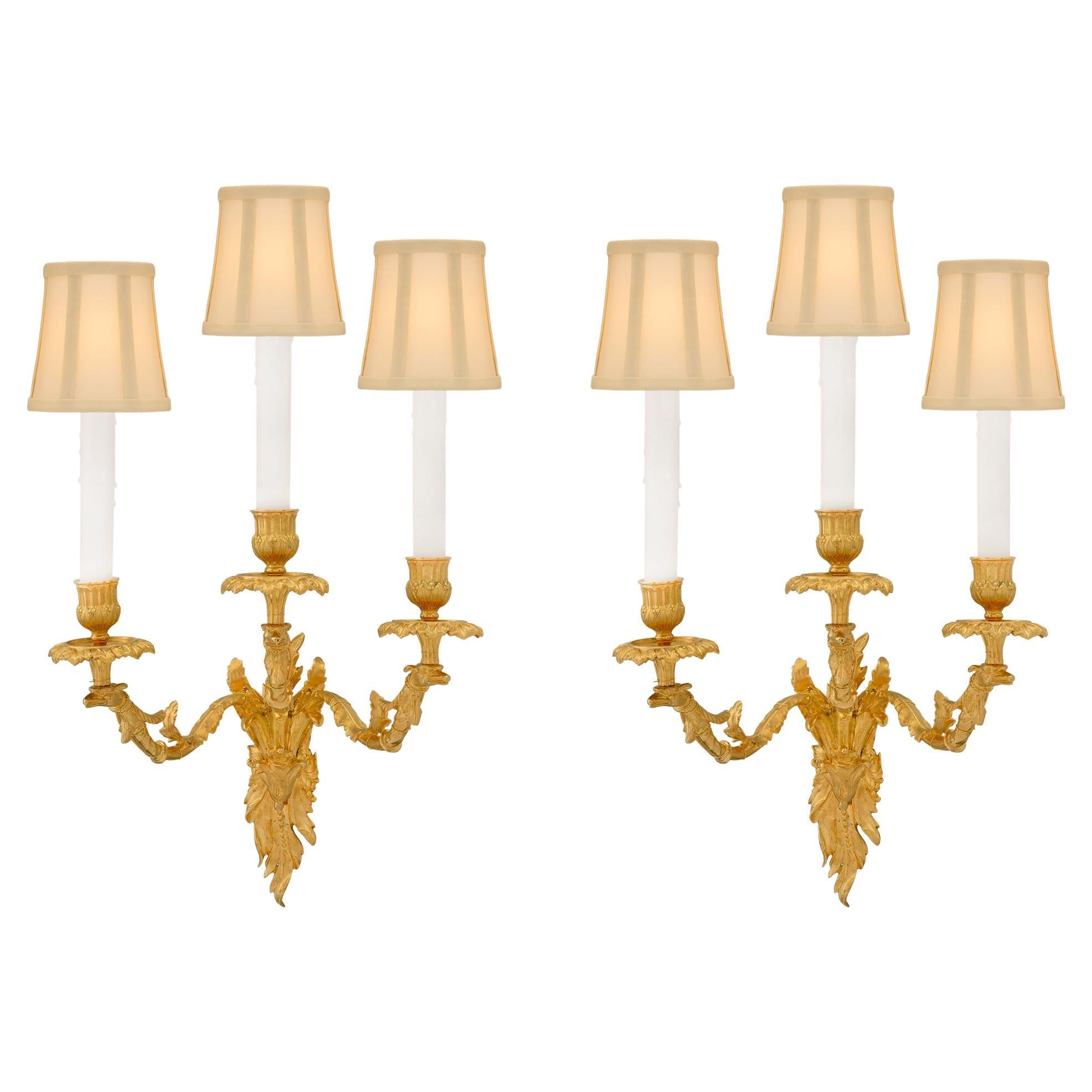 Pair of French 19th Century Louis XV Style Ormolu Three-Arm Sconces