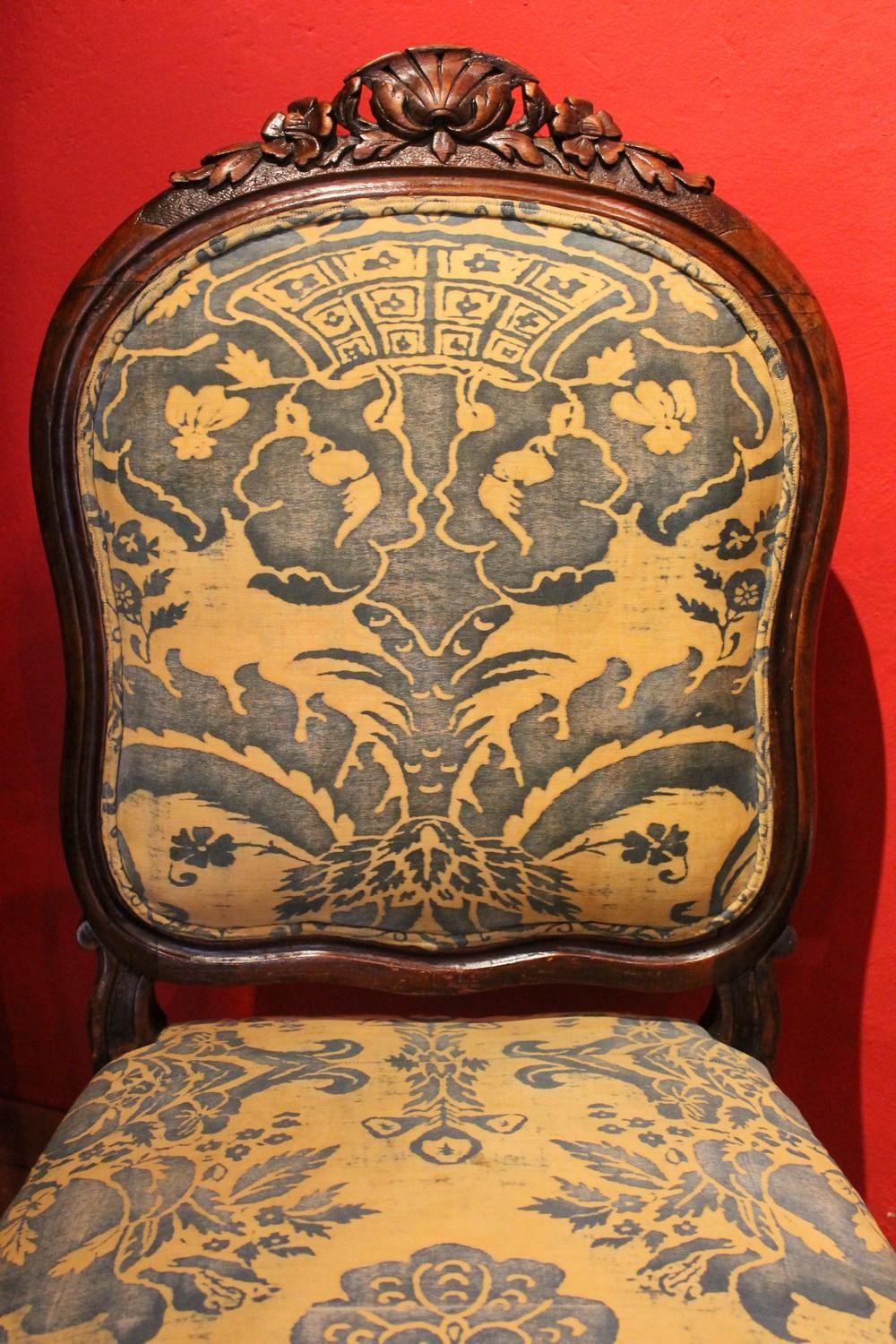 Hand-Carved Pair of French 19th Century Louis XV Style Side Chairs Fortuny Fabric Upholster