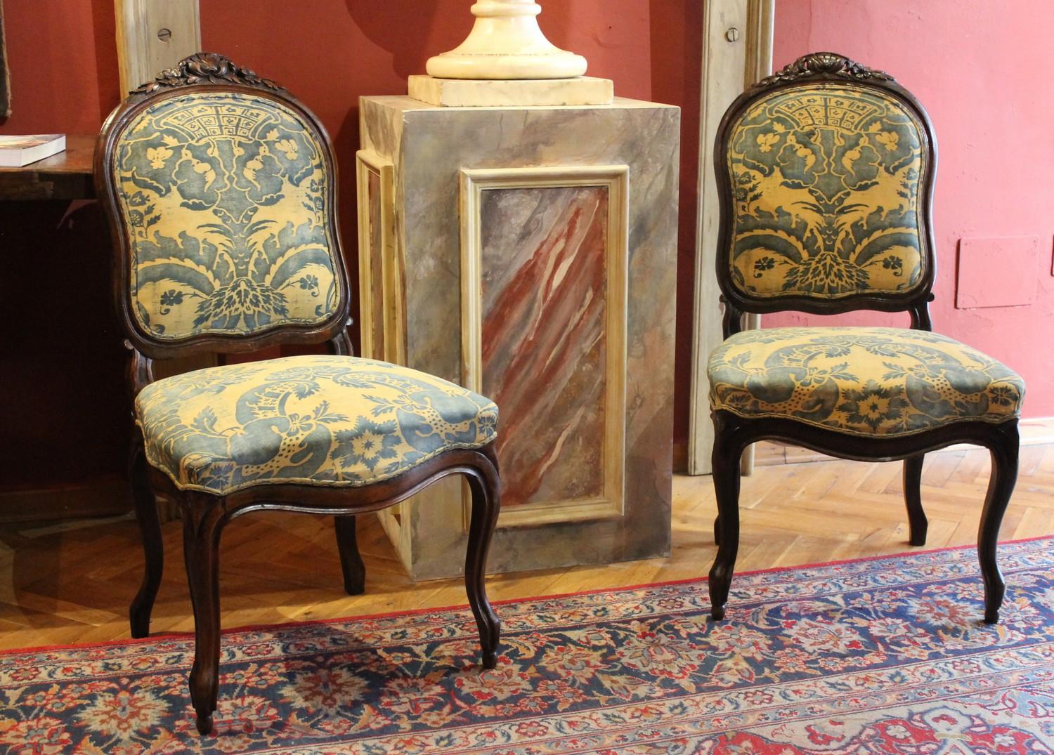 Pair of French 19th Century Louis XV Style Side Chairs Fortuny Fabric Upholster 4