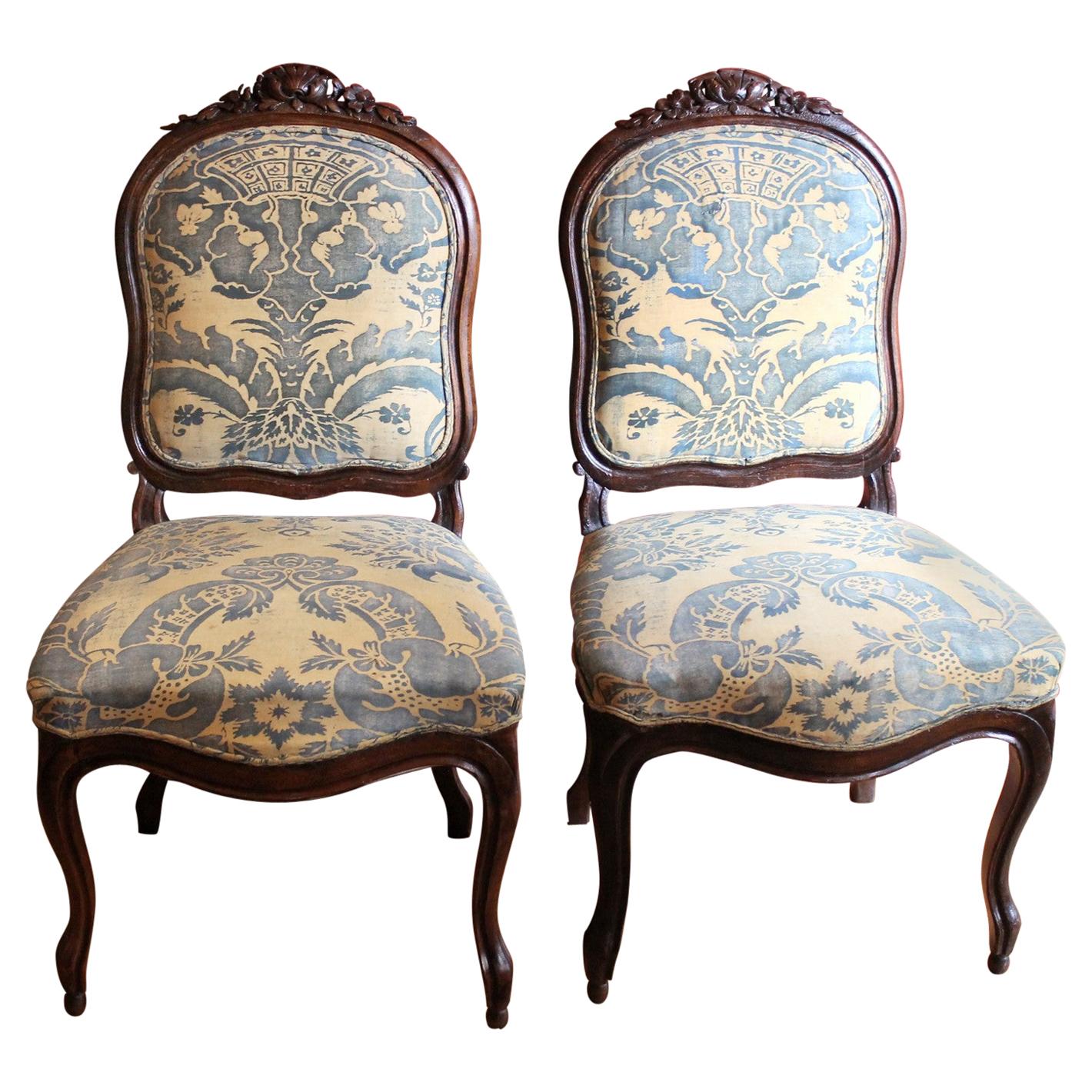 Pair of French 19th Century Louis XV Style Side Chairs Fortuny Fabric Upholster