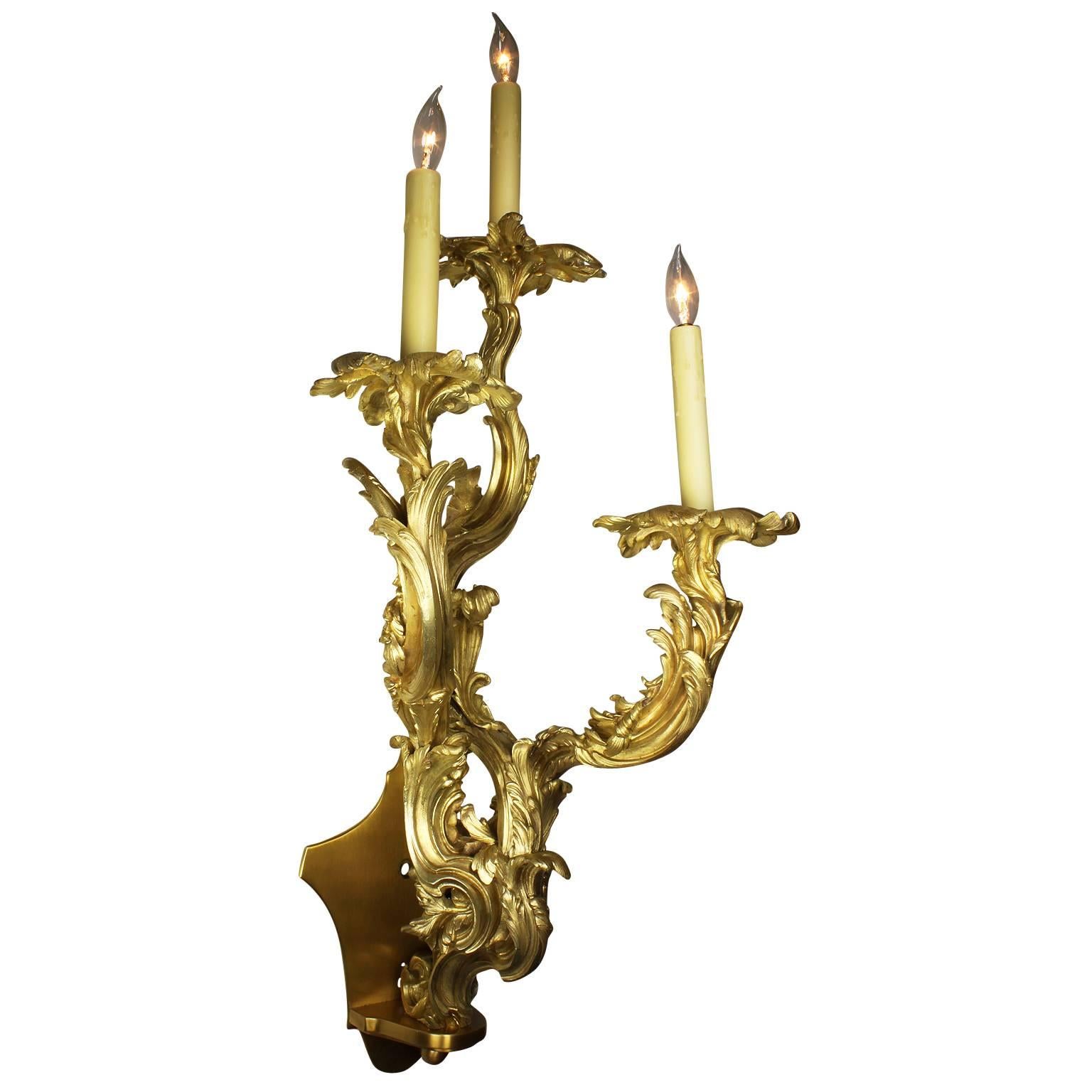 Ein sehr schönes Paar französischer Wandlampen aus vergoldeter Bronze im Stil Louis XV des 19. Jahrhunderts. Die drei verschnörkelten Kerzenarme, die aus einem vergoldeten Bronzesockel herausragen, sind mit einem Blumen- und Akanthusmuster versehen,