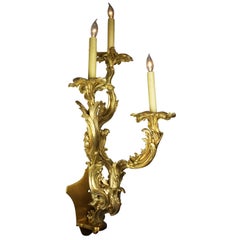 Coppia di appliques francesi del XIX secolo in stile Luigi XV a tre luci in bronzo dorato