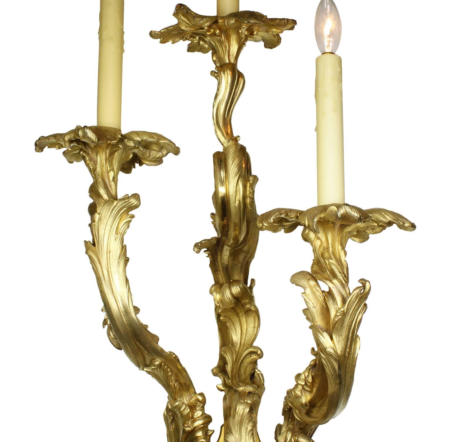 Pair of French 19th Century Louis XV Style Three-Light Gilt-Bronze Wall Lights In Good Condition For Sale In Los Angeles, CA