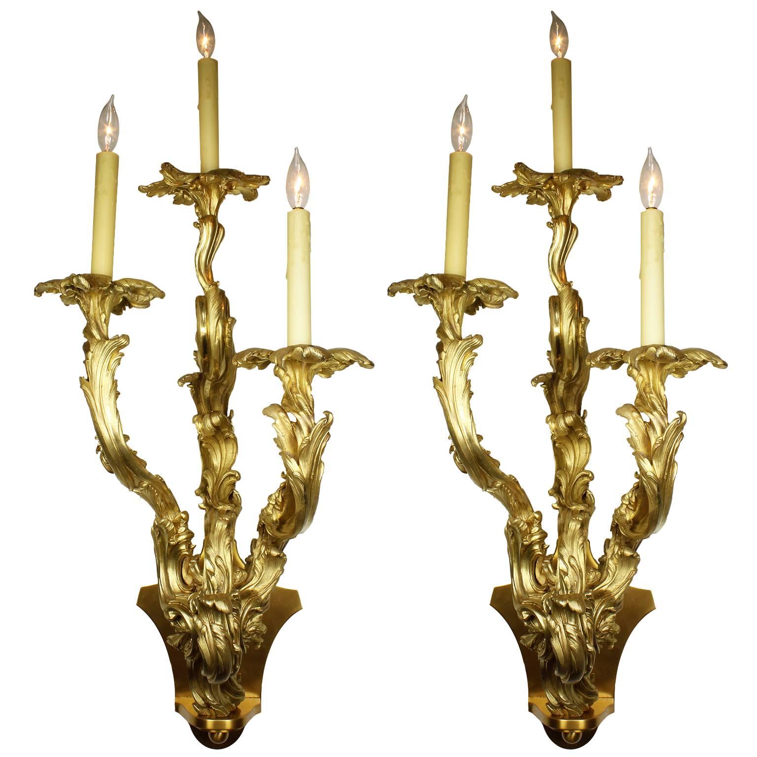 Pair of French 19th Century Louis XV Style Three-Light Gilt-Bronze Wall Lights For Sale