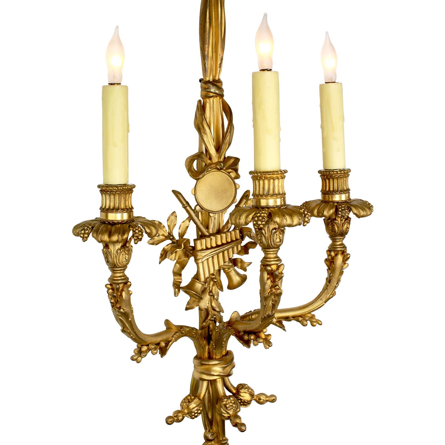 Pair of French 19th Century Louis XV Style Three-Light Gilt-Bronze Wall Sconces In Good Condition For Sale In Los Angeles, CA