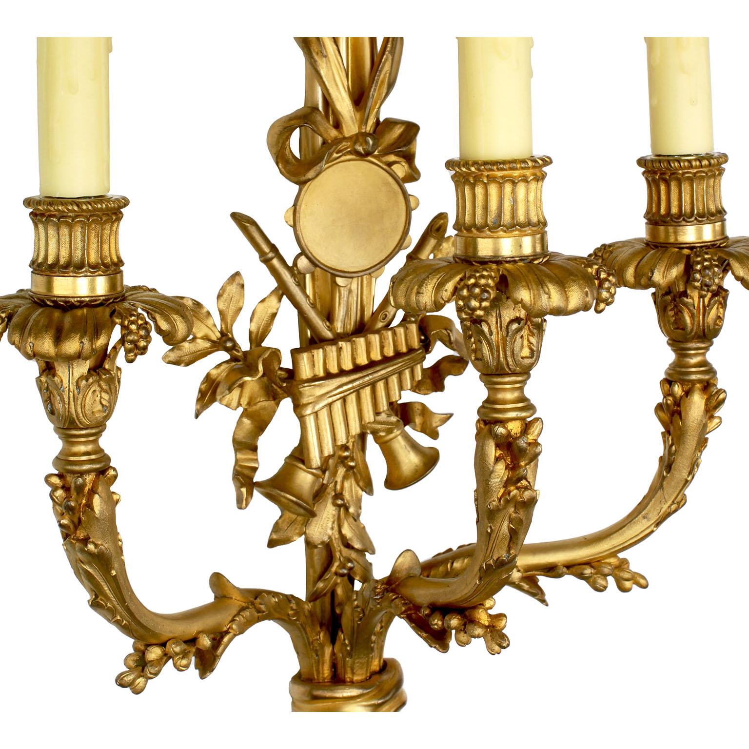 Pair of French 19th Century Louis XV Style Three-Light Gilt-Bronze Wall Sconces For Sale 1