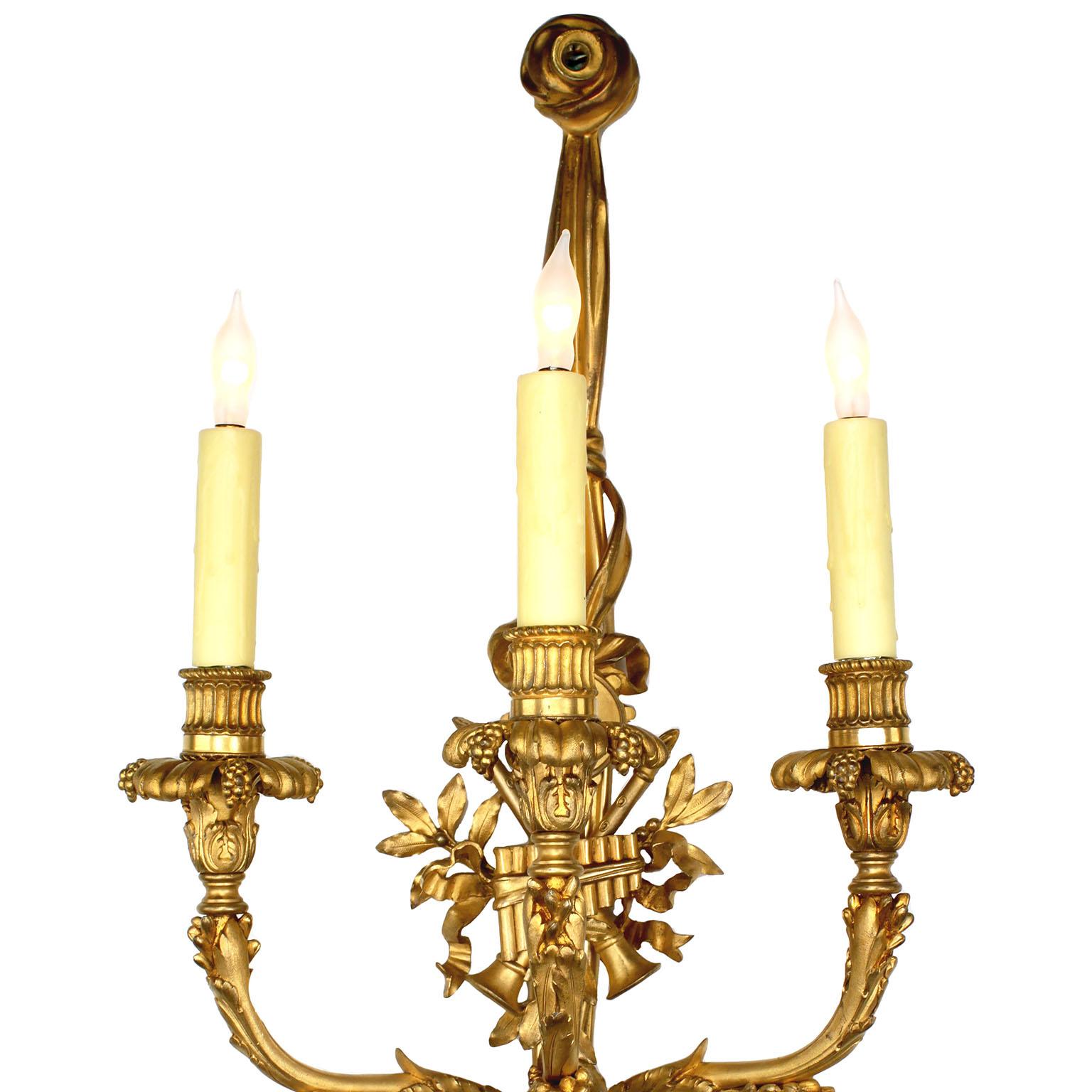 Pair of French 19th Century Louis XV Style Three-Light Gilt-Bronze Wall Sconces For Sale 3