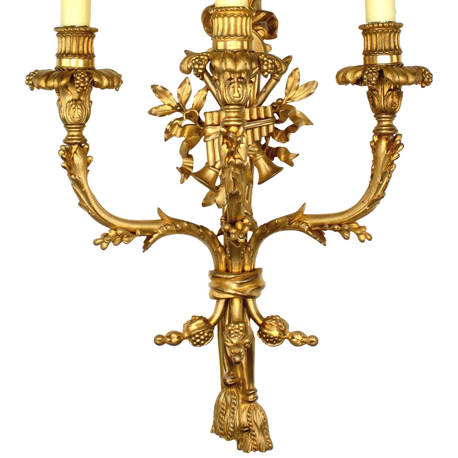 Pair of French 19th Century Louis XV Style Three-Light Gilt-Bronze Wall Sconces For Sale 4