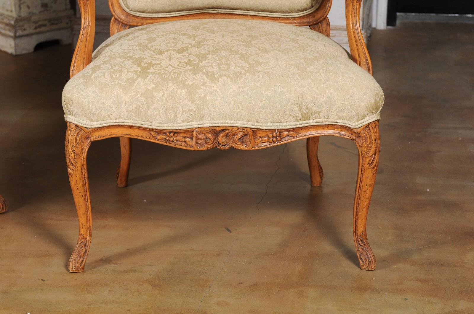 Pair of French 19th Century Louis XV Style Walnut Fauteuils with New Upholstery In Good Condition In Atlanta, GA