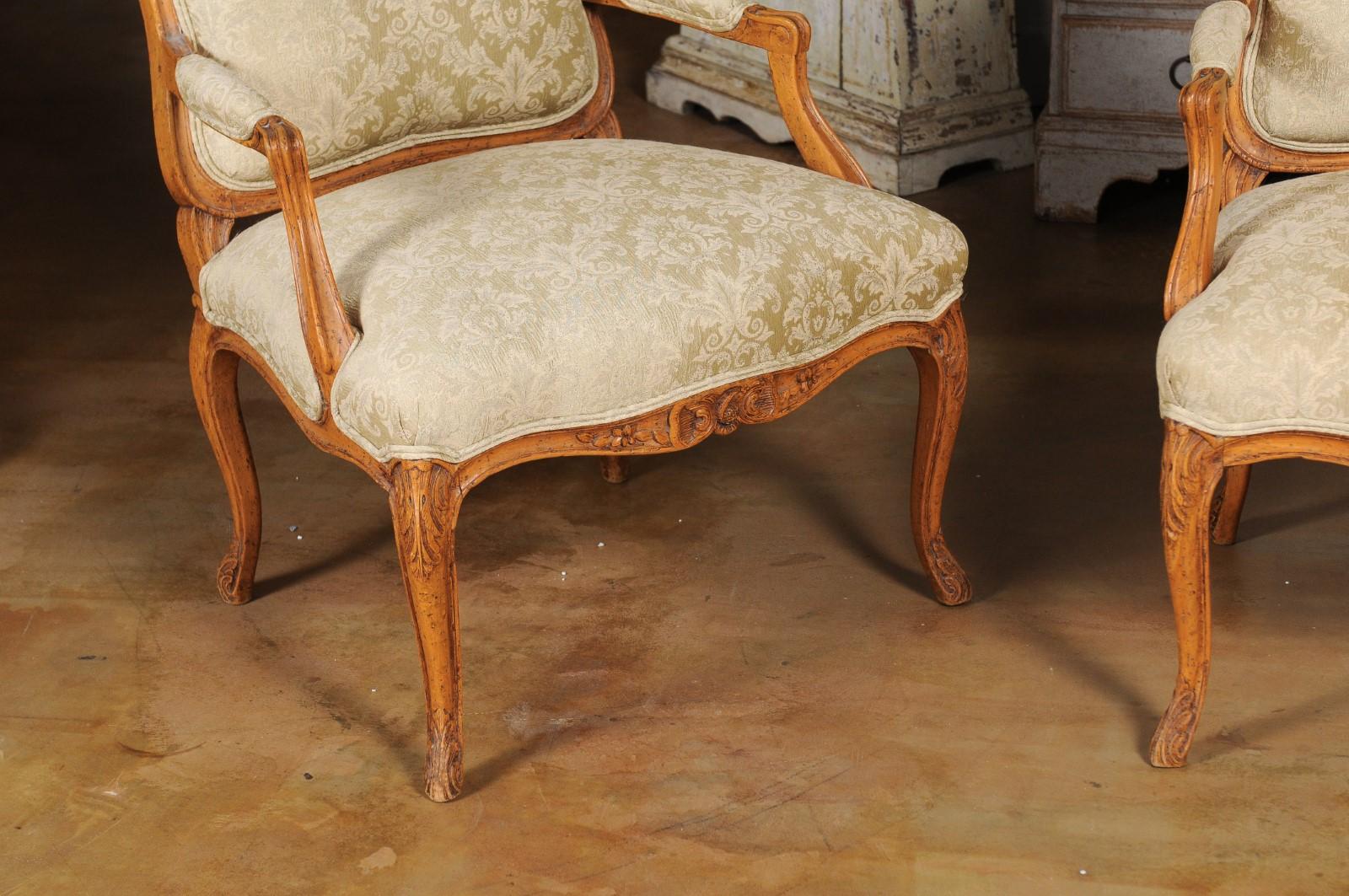 Pair of French 19th Century Louis XV Style Walnut Fauteuils with New Upholstery 1
