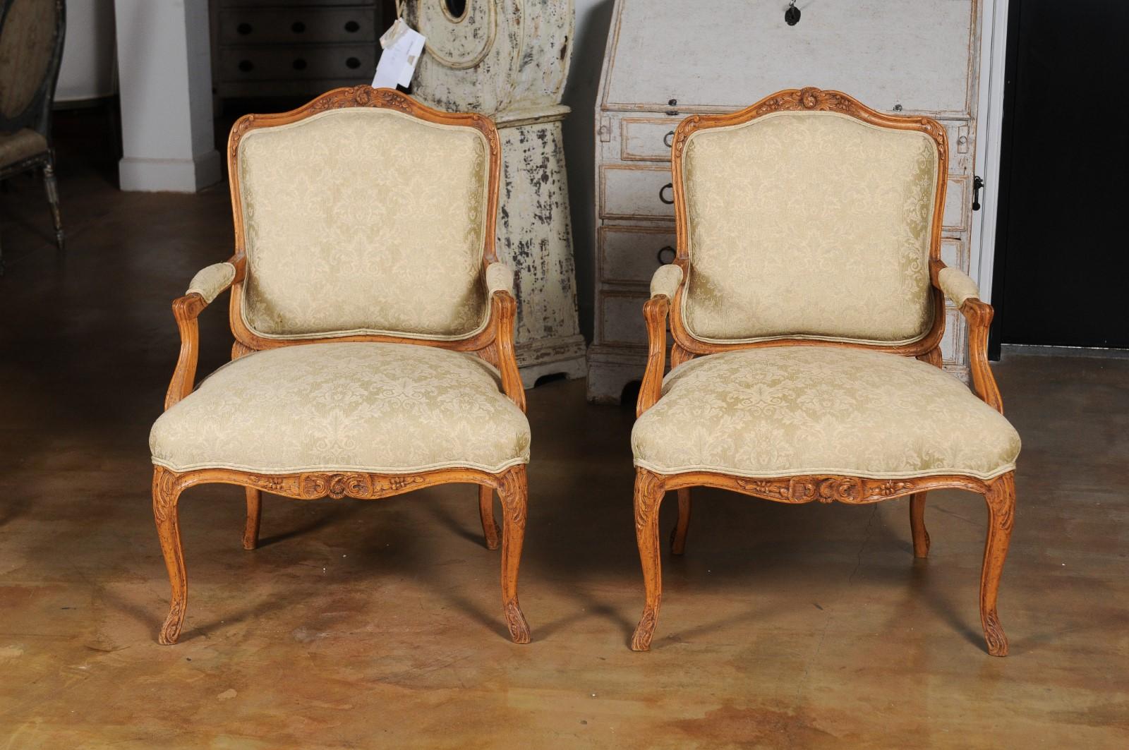 Pair of French 19th Century Louis XV Style Walnut Fauteuils with New Upholstery 2