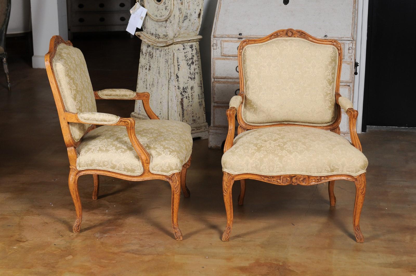 Pair of French 19th Century Louis XV Style Walnut Fauteuils with New Upholstery 3