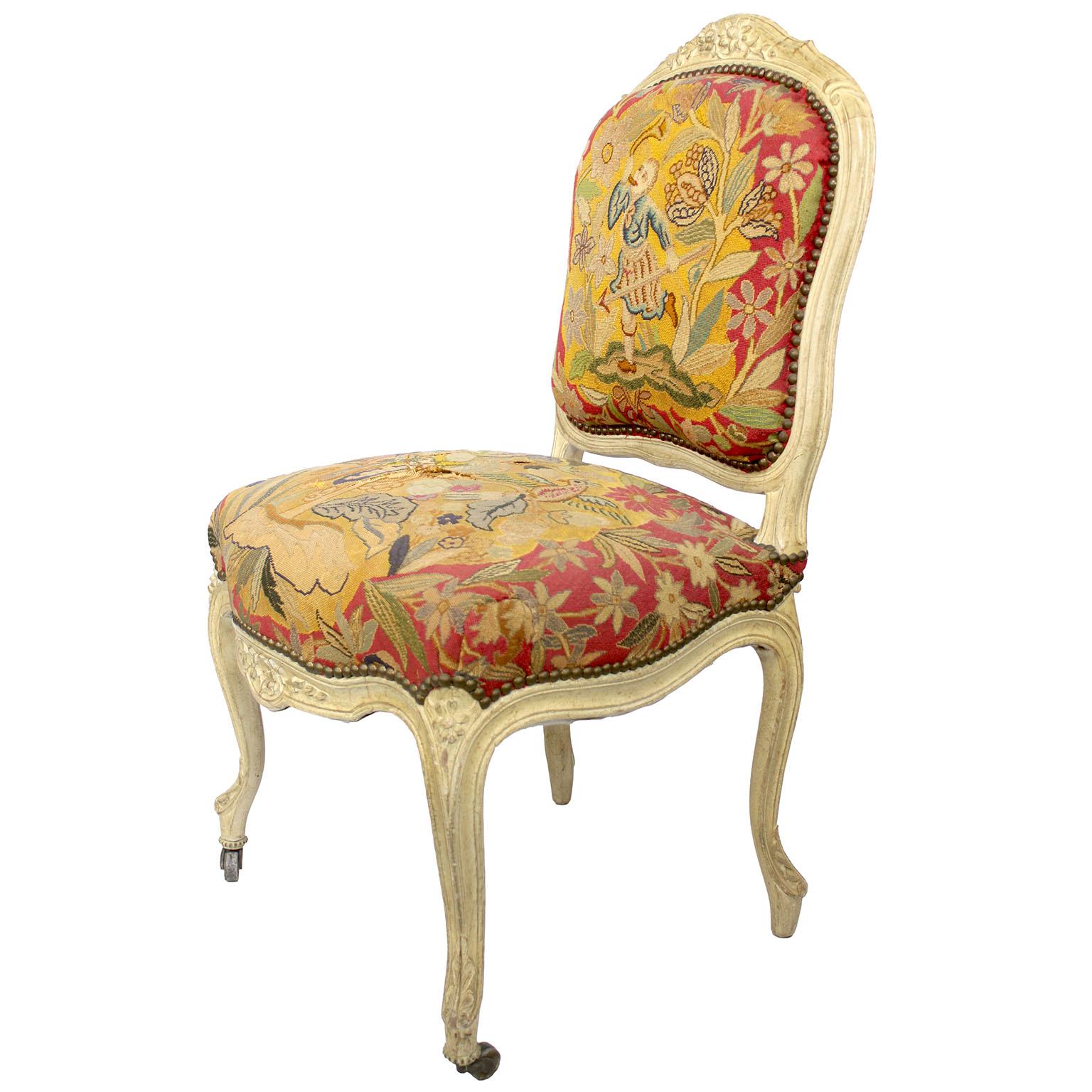 Pair of French 19th Century Louis XV Style White-Lacquer Needlepoint Side Chairs For Sale 4