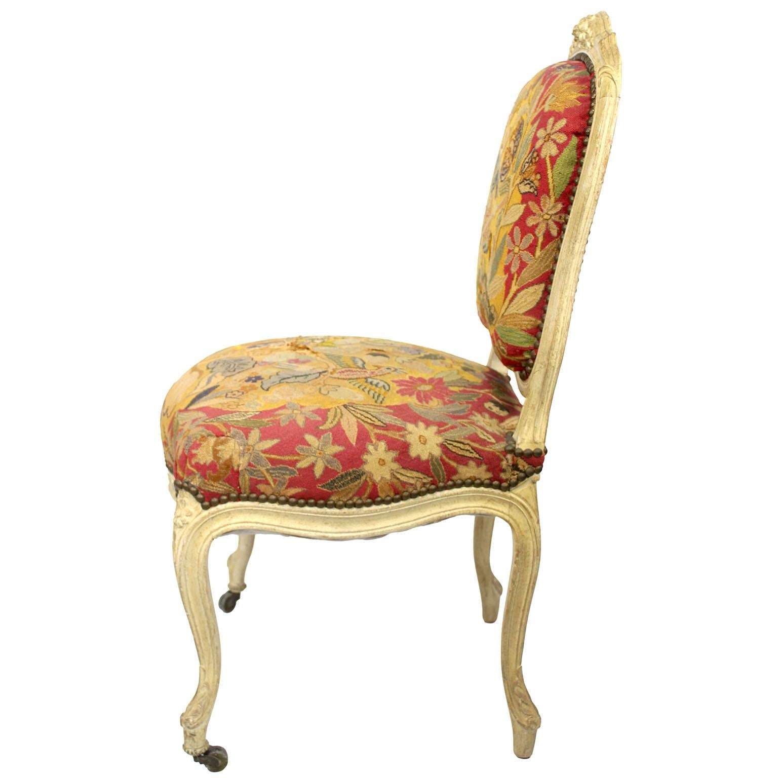 Pair of French 19th Century Louis XV Style White-Lacquer Needlepoint Side Chairs For Sale 8