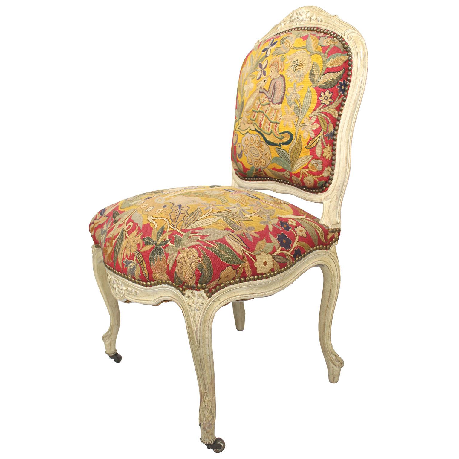 Lacquered Pair of French 19th Century Louis XV Style White-Lacquer Needlepoint Side Chairs For Sale