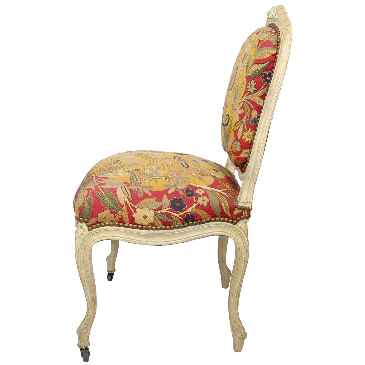 Wool Pair of French 19th Century Louis XV Style White-Lacquer Needlepoint Side Chairs For Sale