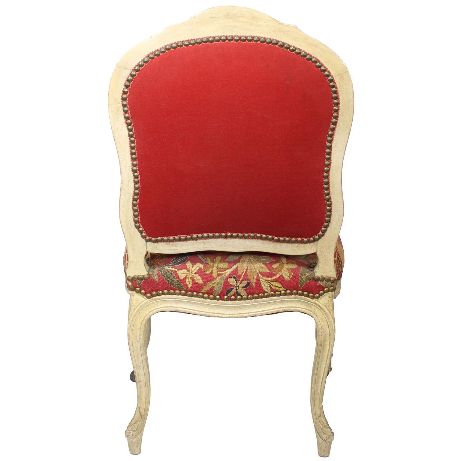 Pair of French 19th Century Louis XV Style White-Lacquer Needlepoint Side Chairs For Sale 1