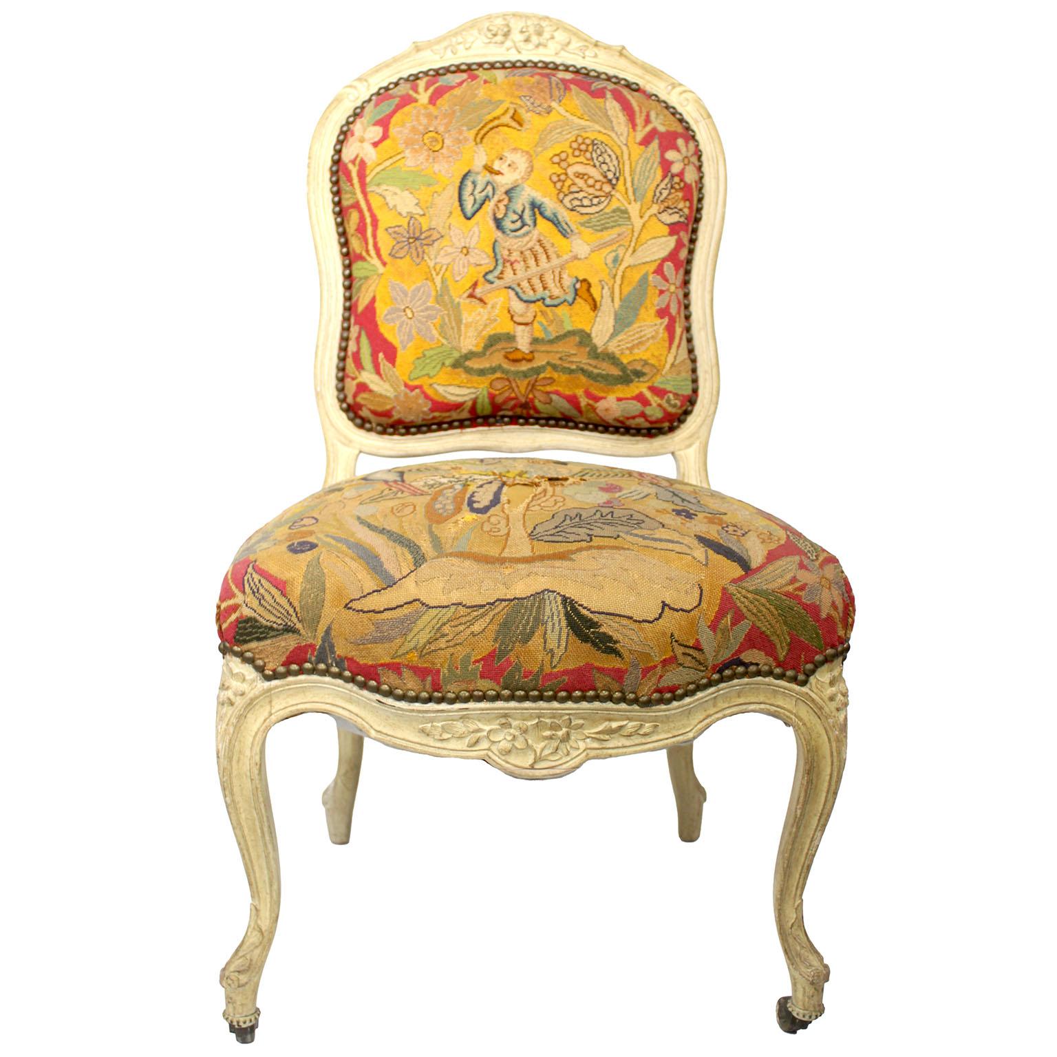 Pair of French 19th Century Louis XV Style White-Lacquer Needlepoint Side Chairs For Sale 3