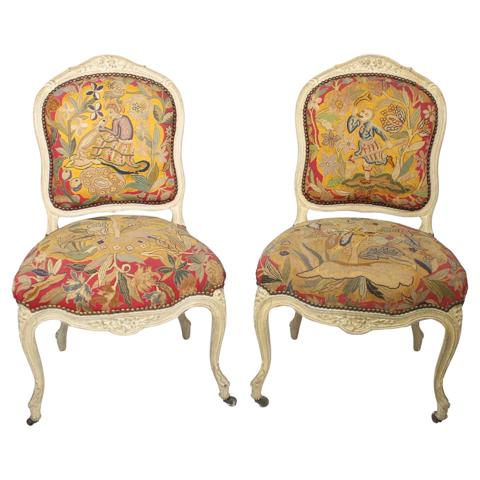 Pair of French 19th Century Louis XV Style White-Lacquer Needlepoint Side Chairs