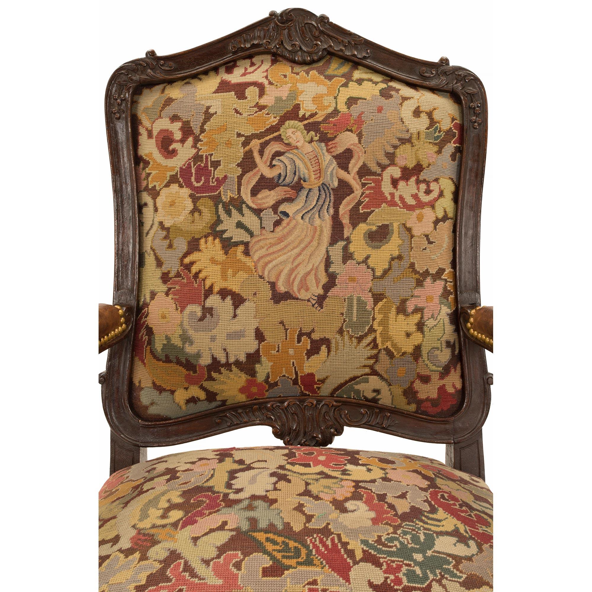 Pair of French 19th Century Louis XV Walnut and Tapestry À Chasis Armchairs For Sale 1