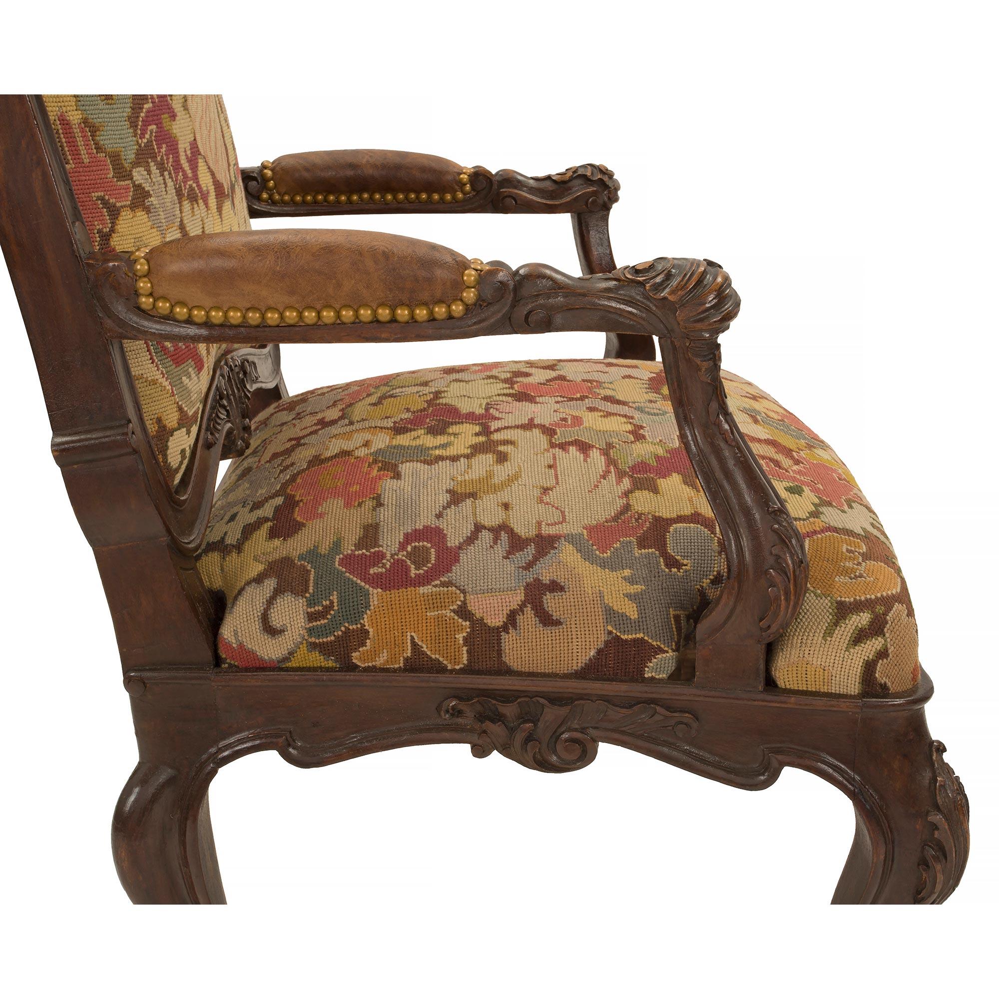 Pair of French 19th Century Louis XV Walnut and Tapestry À Chasis Armchairs For Sale 3