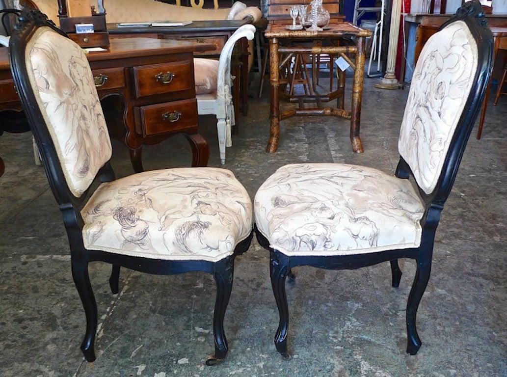 Pair of French 19th Century Louis XVI Black Rosewood Vanity Chairs. In Distressed Condition For Sale In Santa Monica, CA