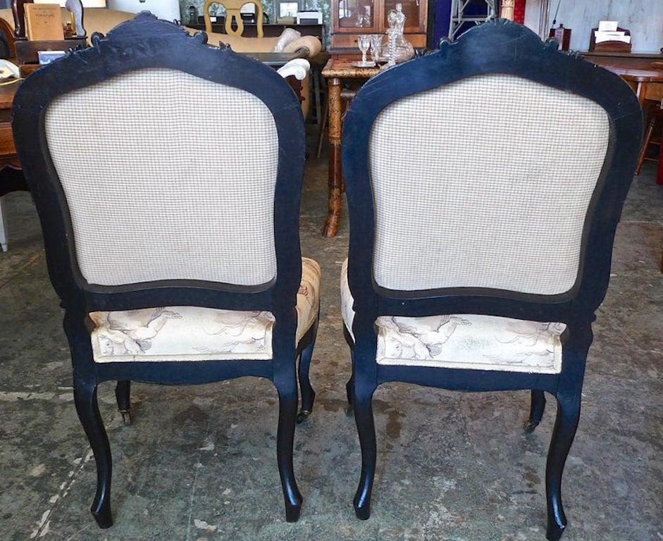 Fabric Pair of French 19th Century Louis XVI Black Rosewood Vanity Chairs. For Sale