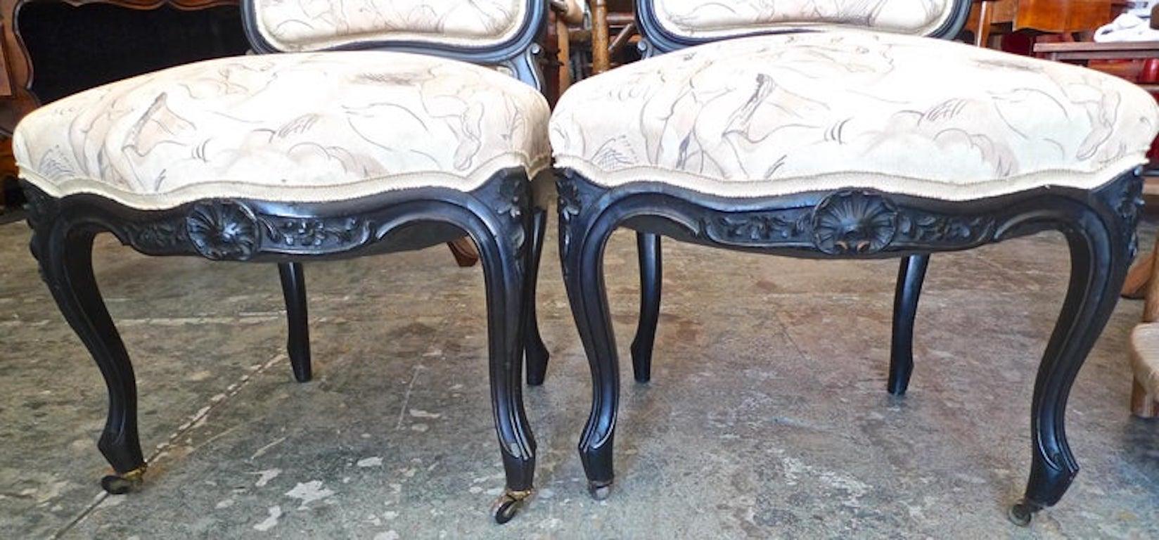 Pair of French 19th Century Louis XVI Black Rosewood Vanity Chairs. For Sale 4