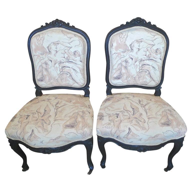 Pair of French 19th Century Louis XVI Black Rosewood Vanity Chairs. For Sale