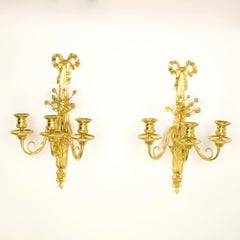 Pair of French 19th Century Louis XVI Gilt-Bronze 3-Light Wall Sconces Appliques