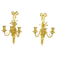 Pair of French 19th Century Louis XVI Gilt-Bronze 3-Light Wall Sconces Appliques