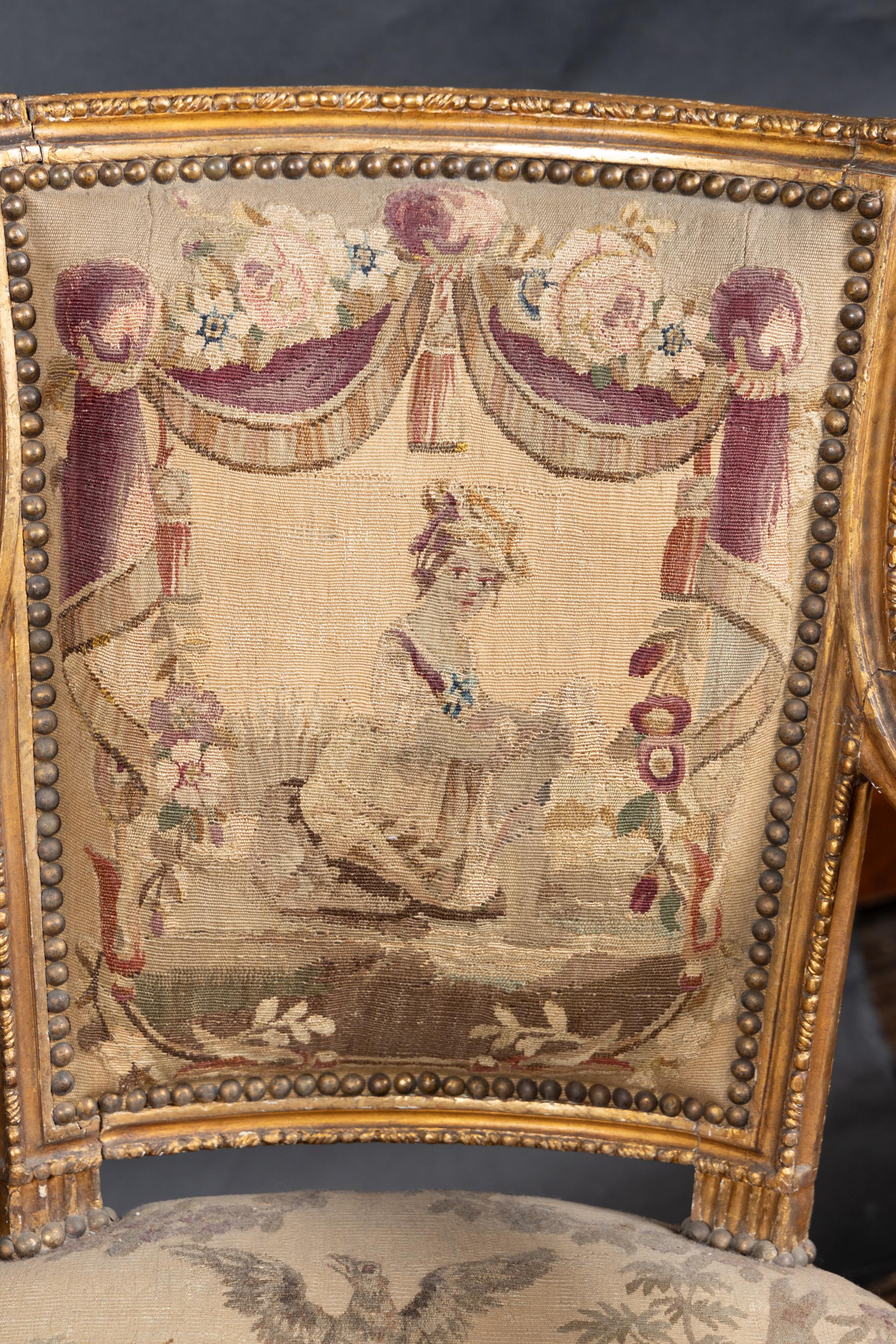 Tapestry Pair of French 19th Century Louis XVI Gilt Wood Armchairs For Sale