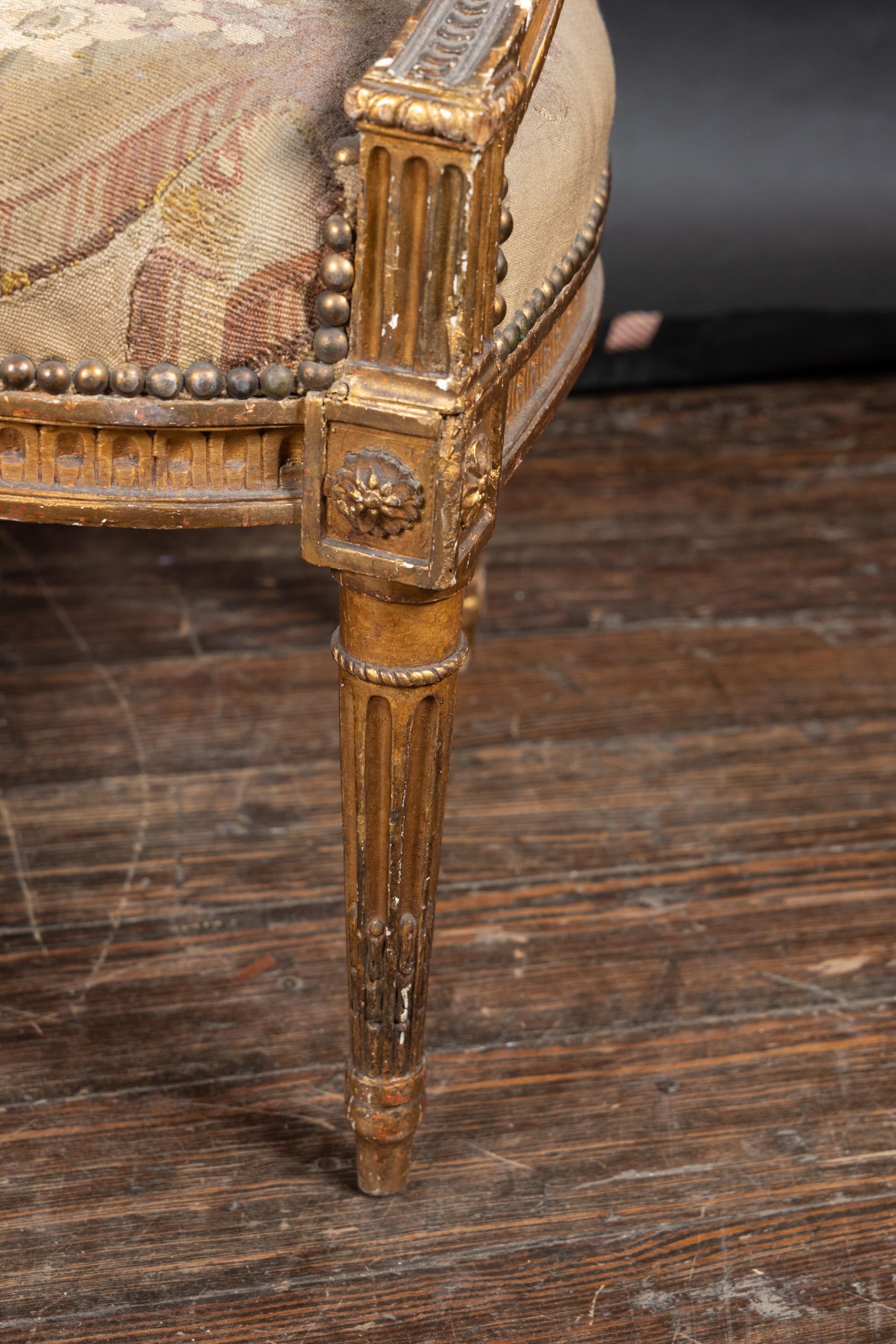 Pair of French 19th Century Louis XVI Gilt Wood Armchairs For Sale 2