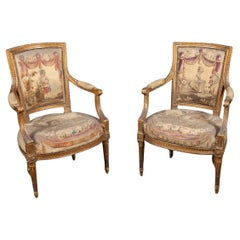 Pair of French 19th Century Louis XVI Gilt Wood Armchairs