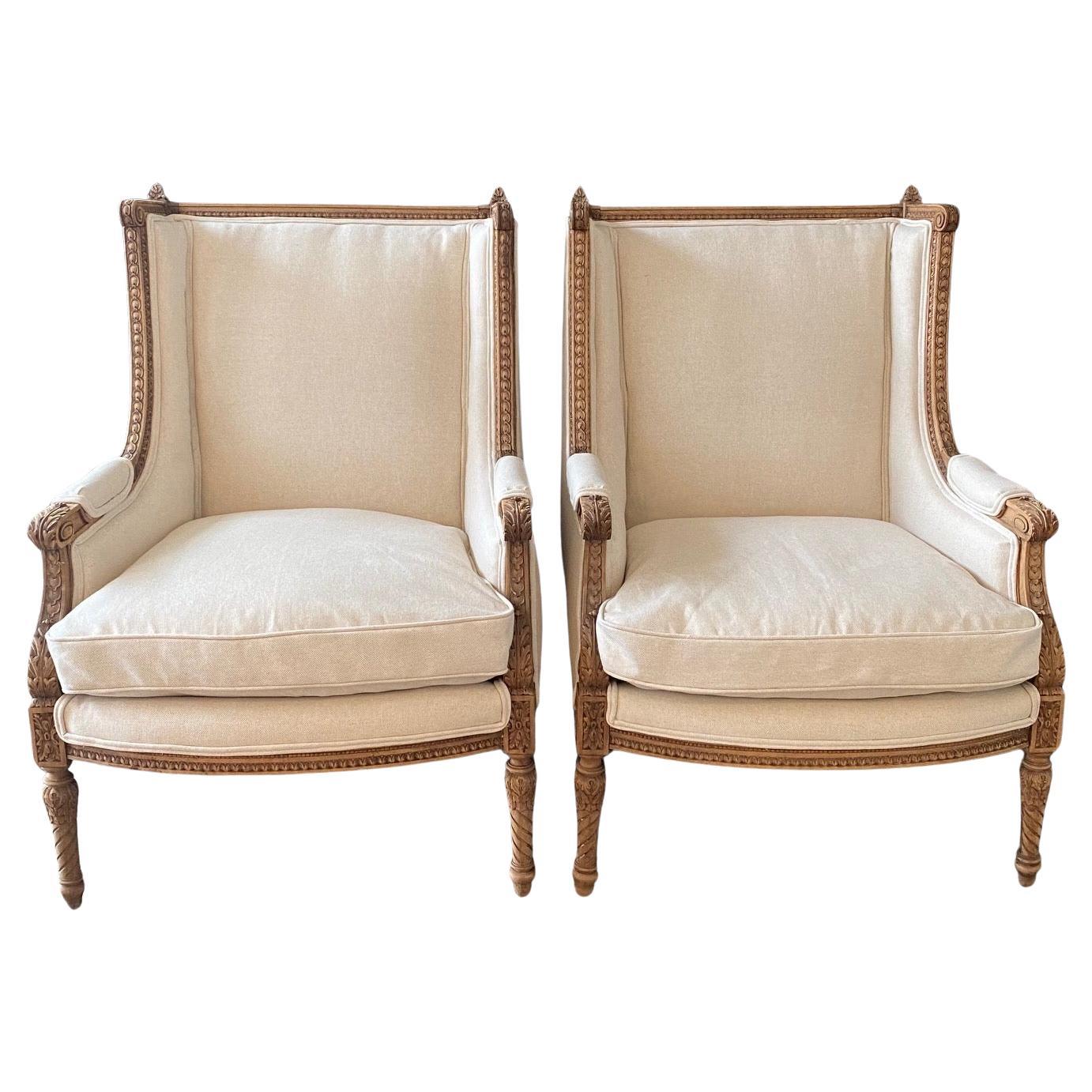  Pair of French 19th Century Louis XVI Intricately Carved Wingback Club Chairs