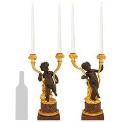 Pair of French 19th century  Louis XVI Rouge Griottle marble candelabras