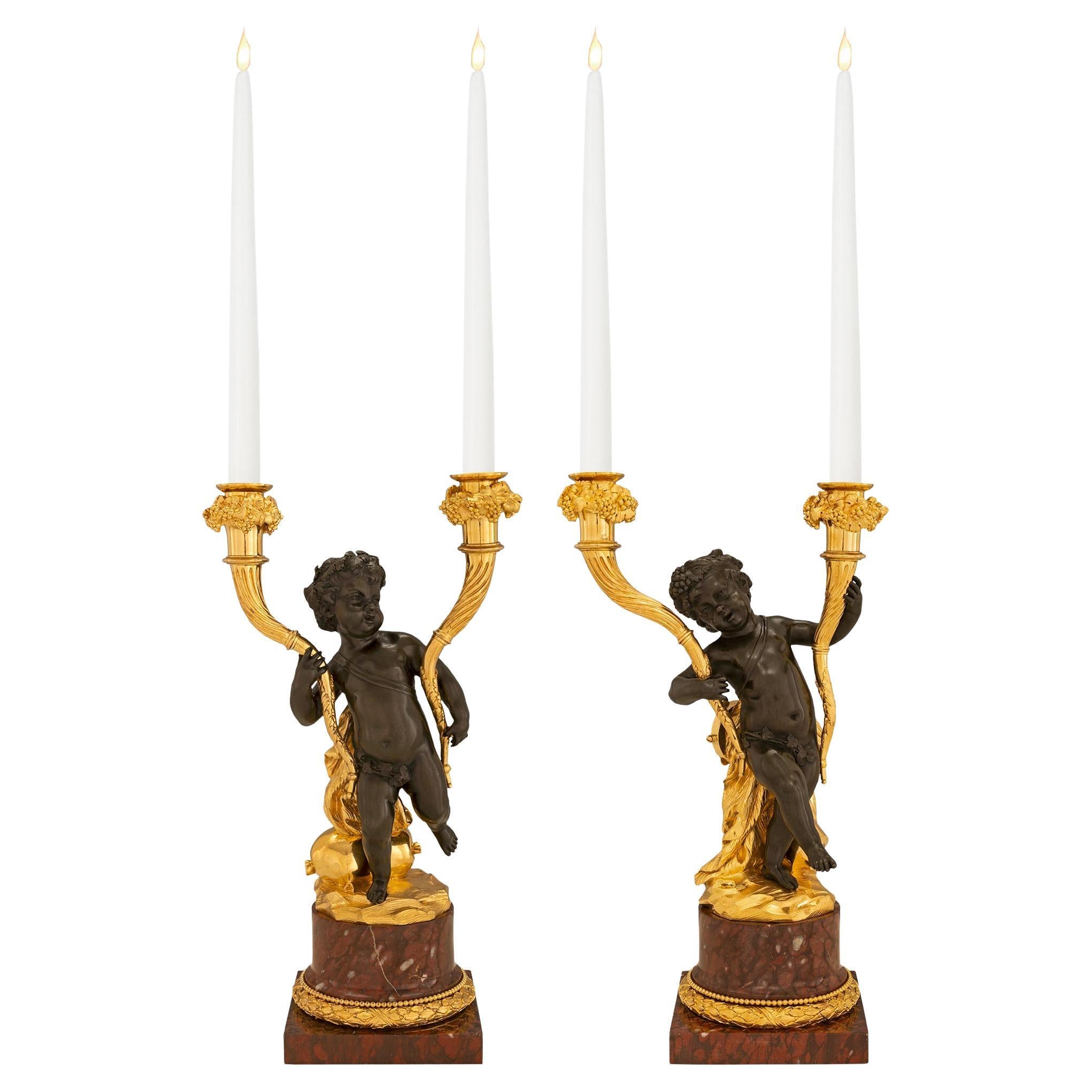 Pair of French 19th century  Louis XVI Rouge Griottle marble candelabras For Sale