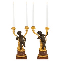 Antique Pair of French 19th century  Louis XVI Rouge Griottle marble candelabras