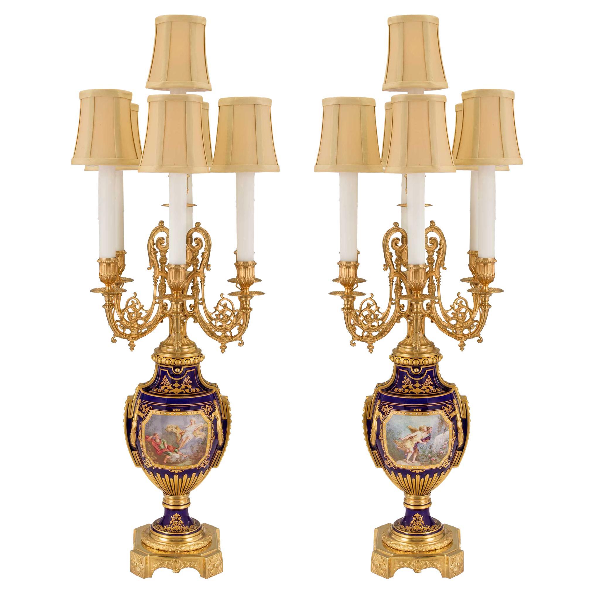 Pair of French 19th Century Louis XVI Sèvres Porcelain and Ormolu Candelabras For Sale