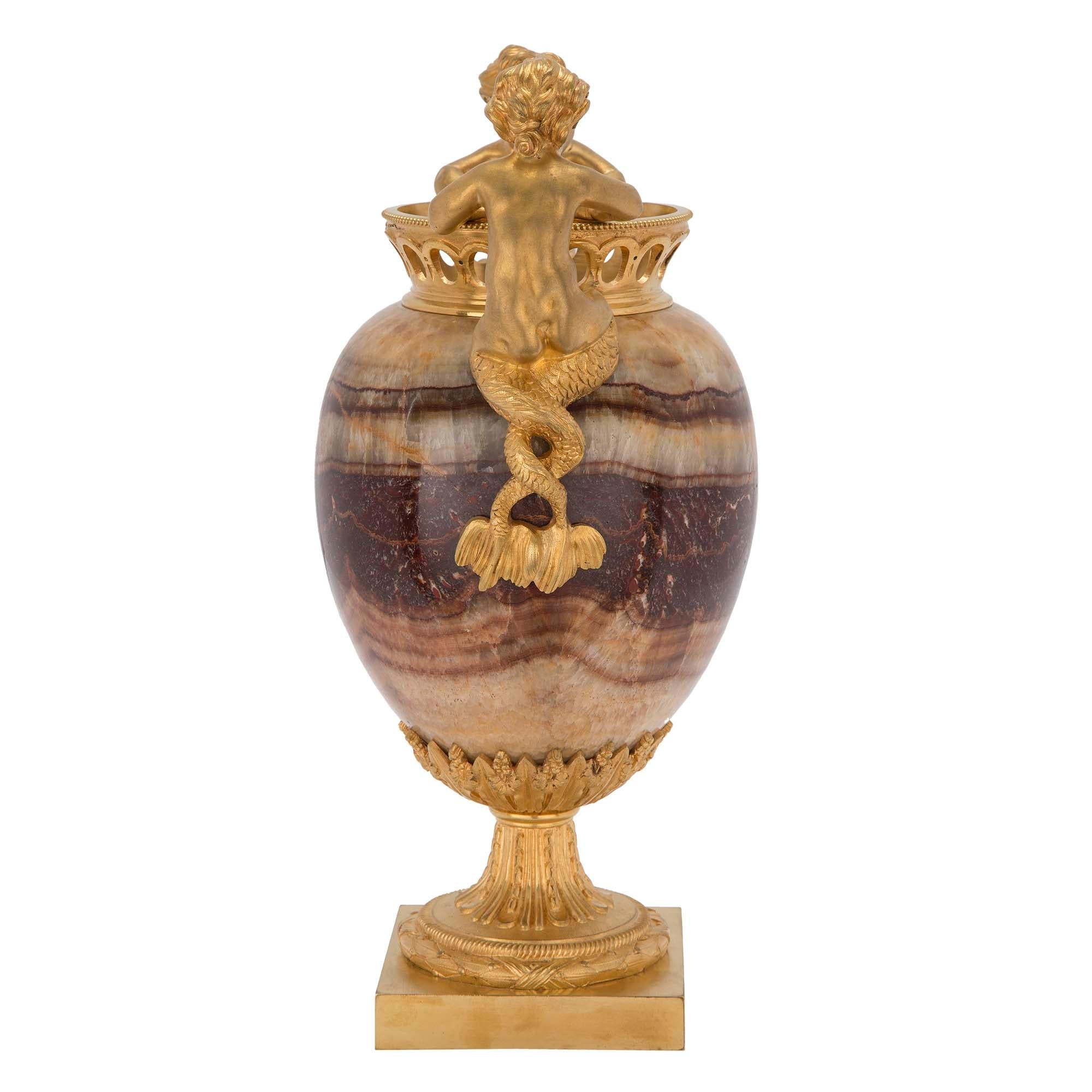 Pair of French 19th Century Louis XVI St. Agate and Ormolu Urns In Good Condition For Sale In West Palm Beach, FL